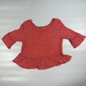 Democracy Blouse Top Womens Large Orange Floral Lace Trim Round Neck Ruffle Hem